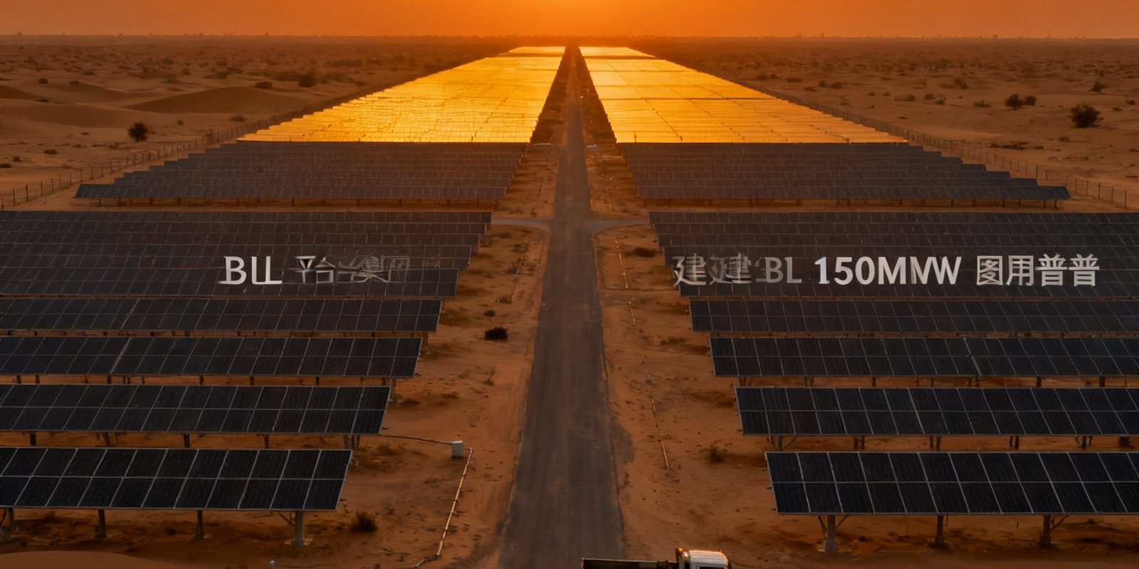 巴基斯坦旁遮普省沙漠中bjl平台集团承建的150MW光伏电站全景，夕阳将天空染成深橙色，光伏板阵列在金色余晖中延伸至地平线，场区道路上有运维车辆驶过