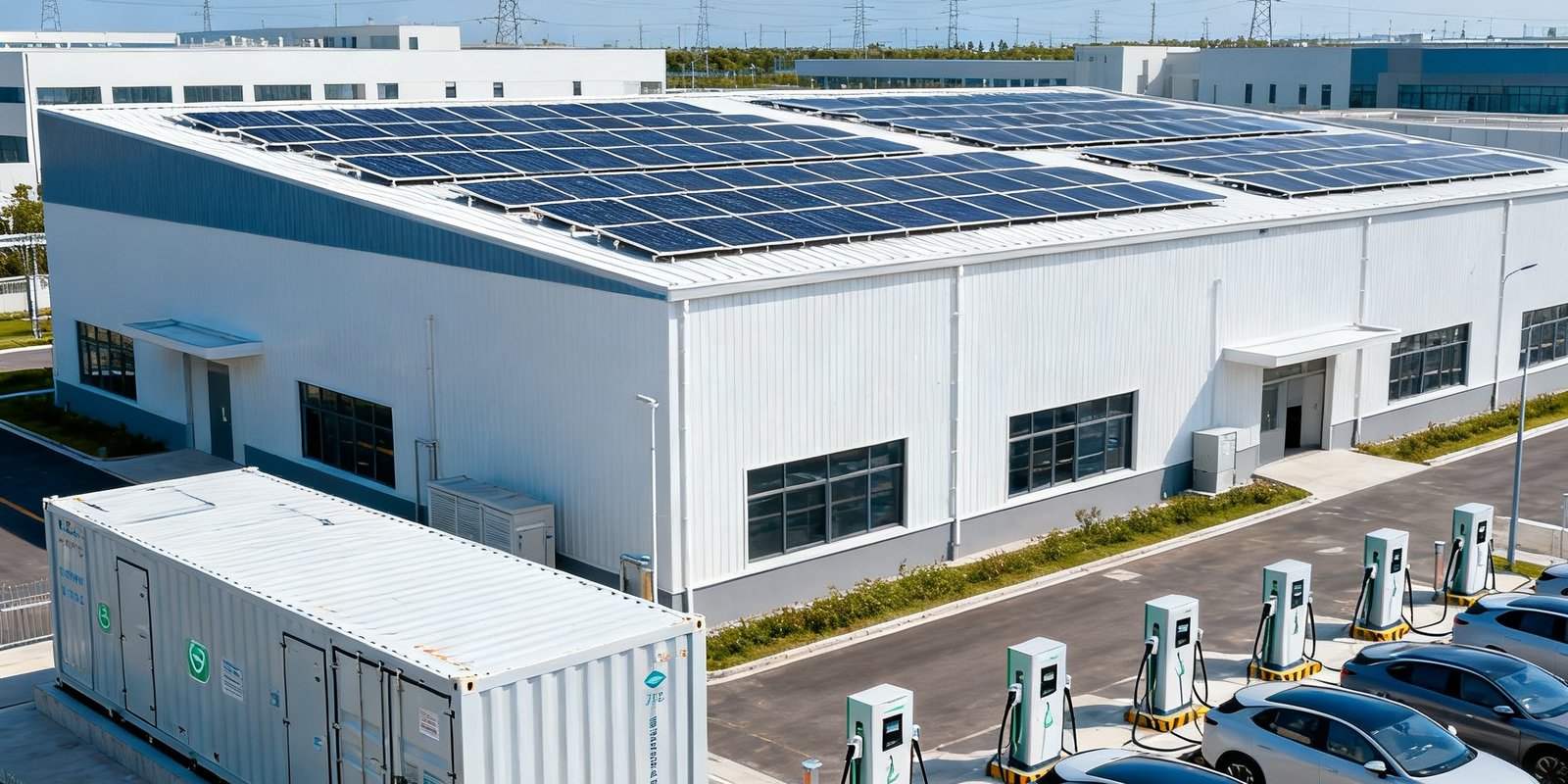 浙江嘉兴智慧电网示范园区，现代工业建筑屋顶布满光伏板，园区角落坐落着大型储能集装箱，充电桩区域停放着多辆新能源车，整个园区在蓝天白云下显得整洁有序