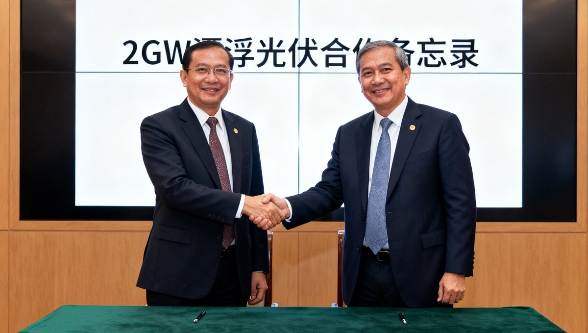 bjl平台集团与印尼国家电力公司签约仪式现场，双方代表在铺设深绿色桌布的签约台前握手，背景显示屏上展示着2GW漂浮光伏合作备忘录的字样