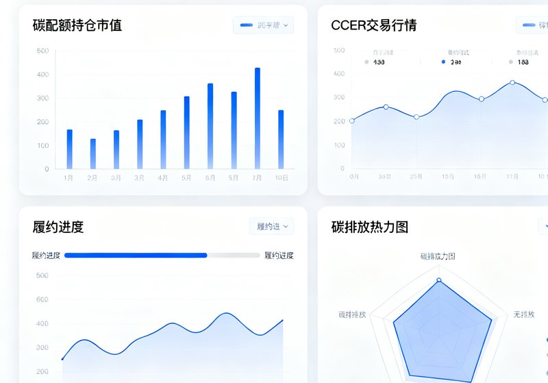 碳资产管理SaaS平台的仪表盘界面，清晰展示着碳配额持仓市值、CCER交易行情、履约进度条和碳排放热力图，界面设计简洁专业