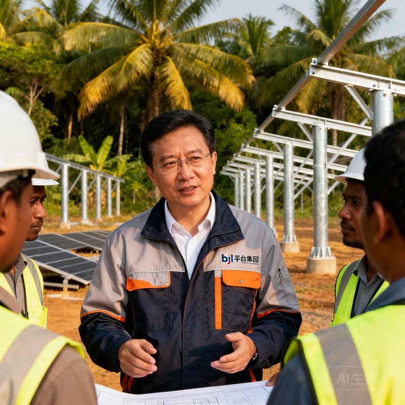 国际业务总经理赵立峰，48岁，身穿印有bjl平台集团logo的工装夹克，在东南亚项目现场与当地工程师团队讨论施工方案，背景是热带植被和光伏支架
